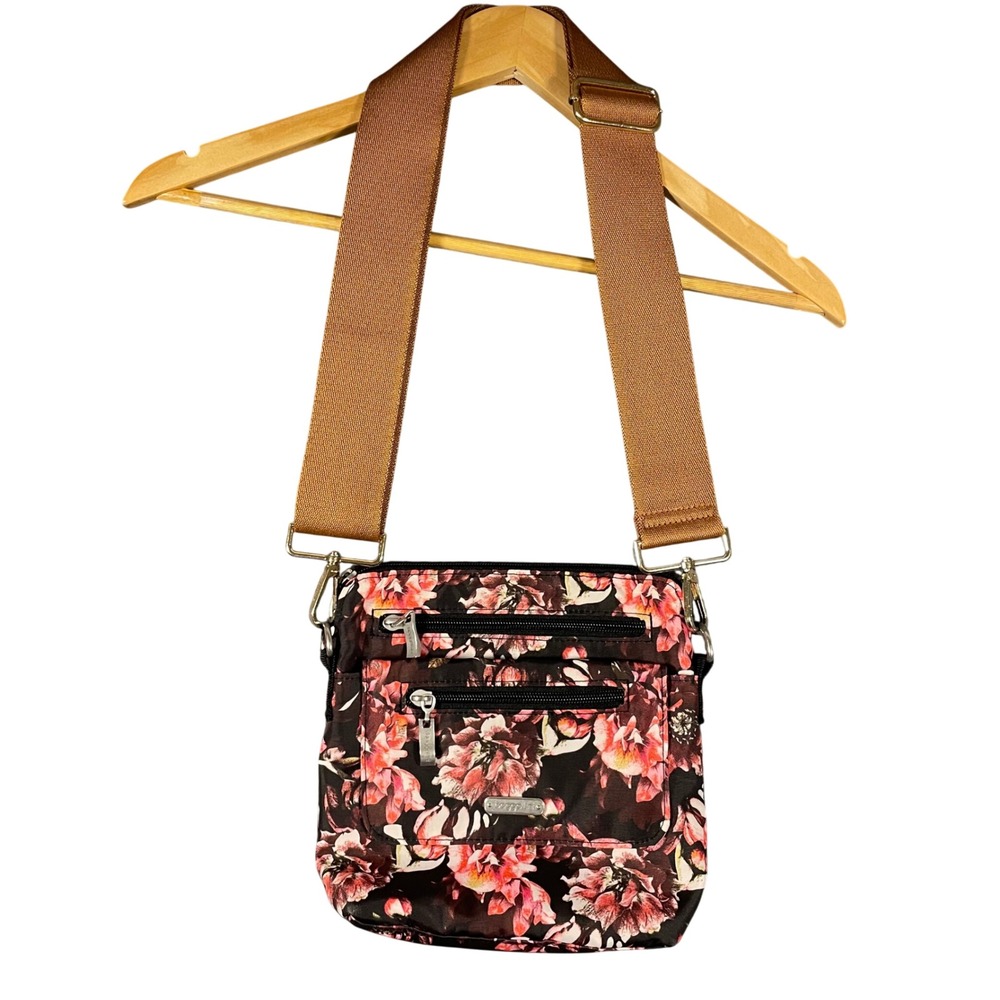 Baggallini Floral Crossbody Bag RFID Blocking Pockets Black Pink Travel Purse